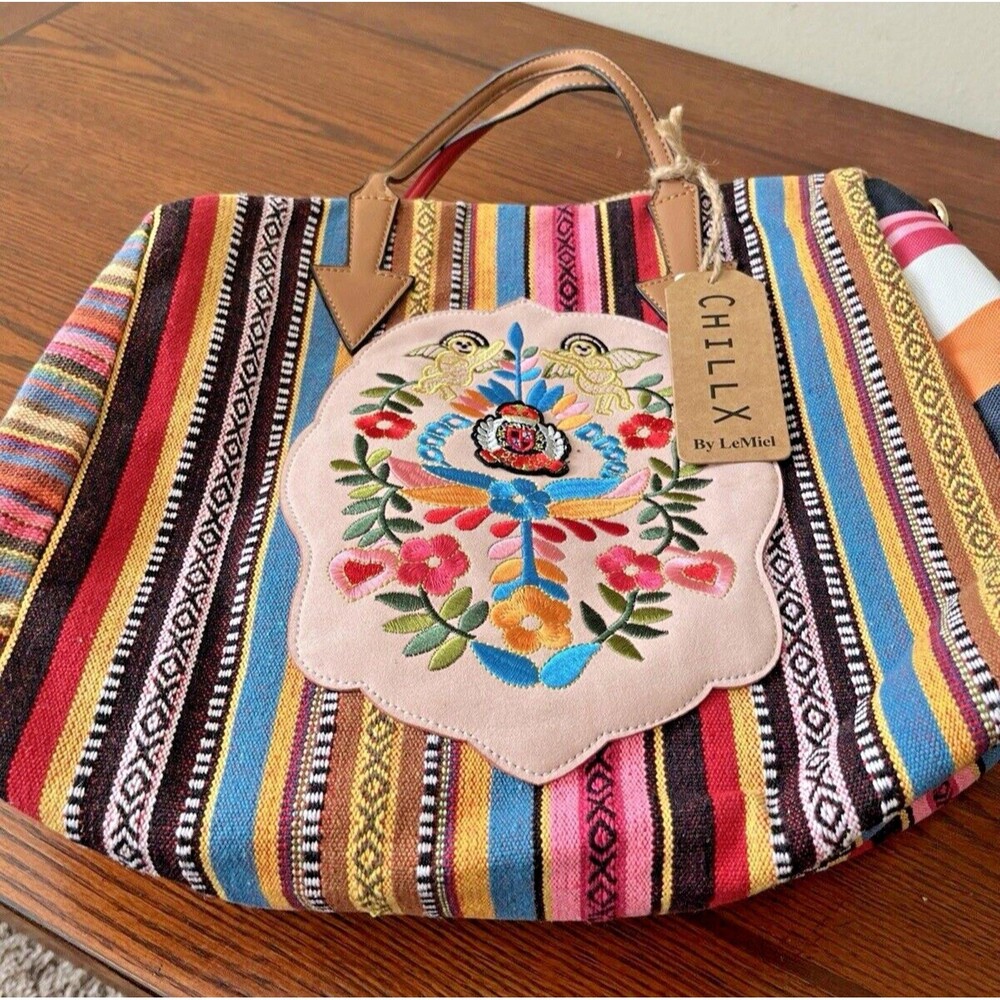 ChillX by Lemiel Women's Large Multicolor Striped Bohemian Canvas Tote Purse NWT